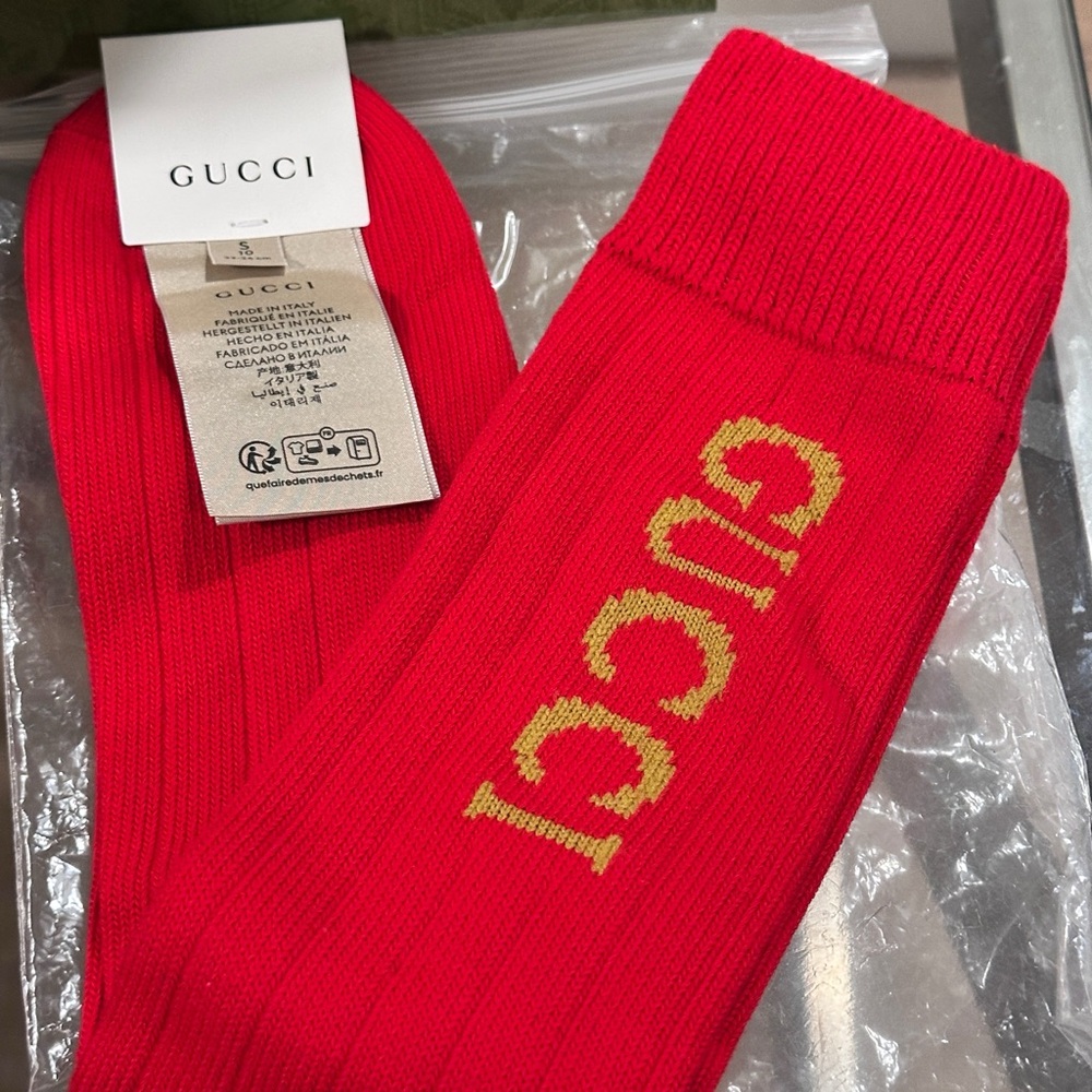 🩷💯🆕Authentic Gucci intarsia Cotton Blend Ribbed Long knit logo socks - Picture 6 of 12